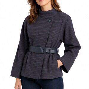 NWT Vintage Gloria Vanderbilt Wool Funnel Neck Jacket Navy Pink Belted Size 12